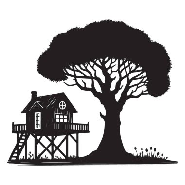 Garip Ağaç Evi Silueti Görkemli Eski Ağaç Resimlerinin yanında