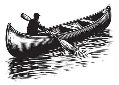 Doğayı Keşfeden Bir Kano Macerası Kürek Çekmek Siyah ve Beyaz Çizimi