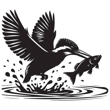 Kingfisher Kuş Yakalıyor Balık Vektörü Silueti Vahşi Yaşam Çizimi