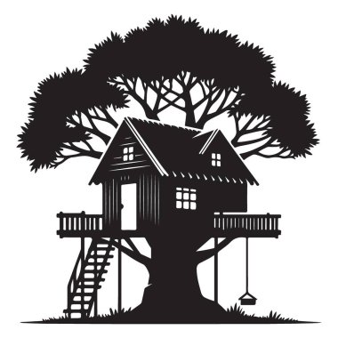 Ayrıntılı Ağaç Evi Silüeti Vektör Çizim Macerası Rüya Kaçışı