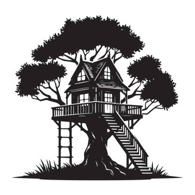 Çocuk Tasarımları için Siluet Ağaç Evi Resimleri Vektör Dosyası