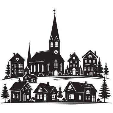 Kilise ve ev vektör resimli siluet köyü