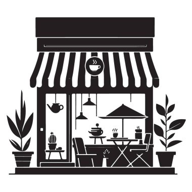 Samimi Çay Evi Silueti Siyah ve Beyaz Kafe Vektörü Grafiği