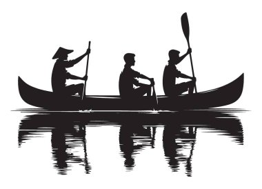 Birlikte kürek çeken üç kişinin Kano Silueti Vektör İllüstrasyonu