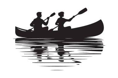 Kano Kürek Çeken Vektör Siluet Çifti Huzurlu Su Macerasının tadını çıkarıyor