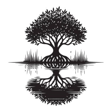 Yansıma Vektörü Sanat İllüstrasyonlu Siluet Ağaç Kökleri Sistemi