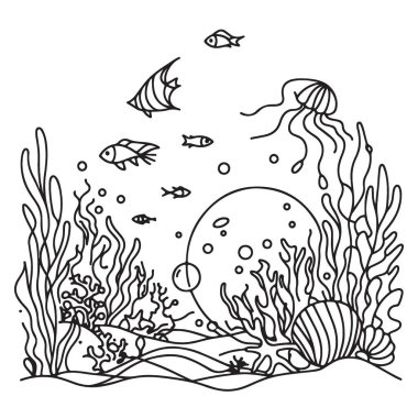 Deniz Yaşamı ve Mercan Resifi 'nin Sualtı Dünyası İllüstrasyonu