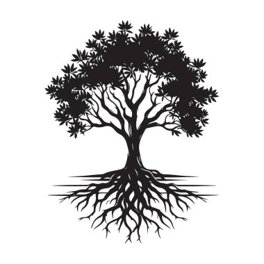 Güçlü Kökler Vektör Grafiğiyle Ayrıntılı Yaşam Silüeti Ağacı