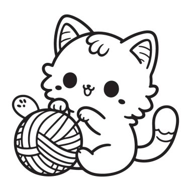 İplik Topu Vektörü İllüstrasyonuyla Şirin Kedi Oynuyor
