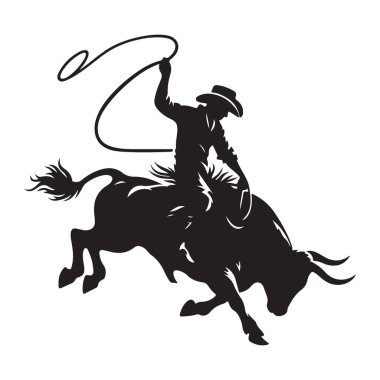 Dinamik Kovboy Boğa Binicisi Siluet Vektör Çizim Tasarımı