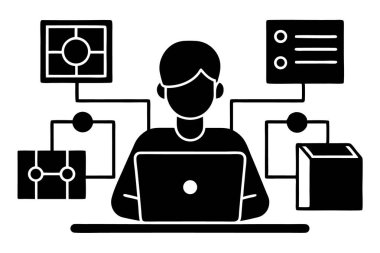 Yazılım geliştirme, kodlama, internet ve ağ oluşturma kavramlarını temsil eden modern bir vektör illüstrasyonu. Web geliştirme, siber güvenlik, bilişim çözümleri ve dijital iletişim için mükemmel.