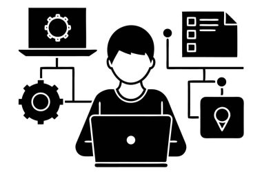 Yazılım geliştirme, kodlama, internet ve ağ oluşturma kavramlarını temsil eden modern bir vektör illüstrasyonu. Web geliştirme, siber güvenlik, bilişim çözümleri ve dijital iletişim için mükemmel.