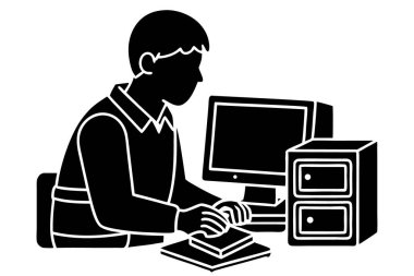 Bilgisayar donanımı bileşenleri üzerinde çalışan bir öğrencinin detaylı bir vektör çizimi, eğitim materyalleri, teknik dersler, e-öğrenme platformları ve sınıf posterleri için mükemmel..