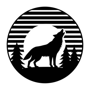 Siluetli çam ağaçları ve karla dolu canlı, çizgili bir günbatımında uluyan bir kurdun stilize edilmiş bir tasviri..