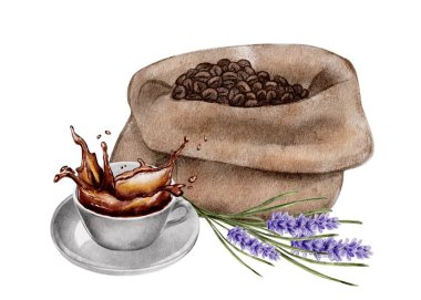 Kahve poşeti kahve çekirdeği ve lavanta dallarıyla kahve dök. Beyaz arkaplanda suluboya çizimi. Kafe, kafe, kafe, logo için kullanılabilir. Ev parfümü için gerekenler