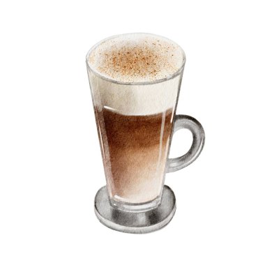 Beyaz arka planda bir fincan latte. Kafe, kafe, menü, logo, mağaza, kahve makineleri için suluboya çizimi: 