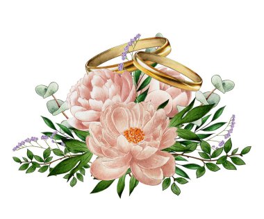 Şakayık kompozisyonu, okaliptüs ve cotoneaster ile, cocculus, immortelle, suluboya beyazı betimleme: Düğün dekorasyonu için narin çiçekler, tatiller, doğum günleri. 