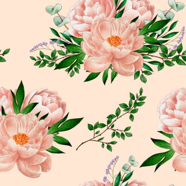 Kusursuz desen. Şakayık kompozisyonu, okaliptüslü ve kotonaster, cocculus, immortelle, pembe üzerine suluboya çizimi, düğün süslemeleri, tatiller, doğum günleri için bej arka plan çiçekleri 