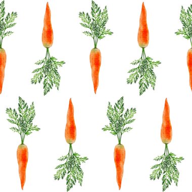 Seamless carrot pattern with greenery. Ingredient in cooking, harvest, healthy eating. It can be used to print any typography. On the menu, vegetable stalls, shops. clipart