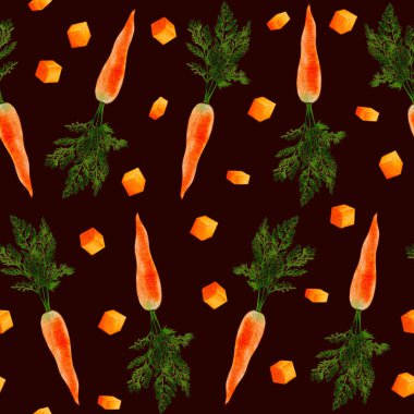 Yeşillik ve kusursuz havuç deseni. Yemek pişirme, hasat, sağlıklı beslenme. Herhangi bir tipografiyi basmak için kullanılabilir. Menüde sebze tezgahları, dükkanlar var..