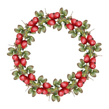 Yuvarlak çerçeve, kırmızı gül çileği çelengi. Beyaz arkaplanda suluboya çizimi. tipografi baskısı, tekstil 