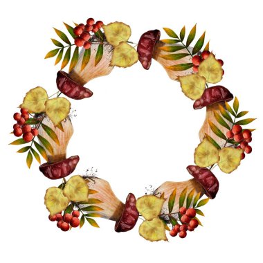 Çerçeve, çelenk, porcini mantarı, kahverengi mantar, rowan ve yapraklar. Sonbahar kompozisyonu. Beyaz arkaplanda suluboya çizimi. tipografi baskısı, tekstil 