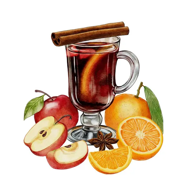Grintwein, tarçınlı sıcak şarap, yıldız anason, elma ve portakallı. Yüksek kalite çizim. Beyaz bir arkaplanda suluboya çizimi. Sıcak akşamlar için, kafe menüleri, vitrinler..
