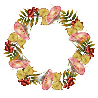 Yuvarlak çerçeve, pembe russula çelengi, rowan ve yapraklar. Beyaz arkaplanda suluboya çizimi. Baskı, tekstil. Sonbahar bileşimi