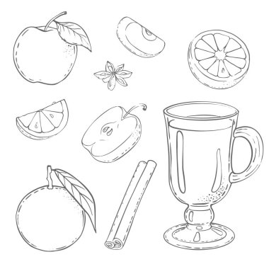 Vector şarap seti, tarçınlı sıcak şarap, yıldız anason, elma ve portakal. Yüksek kalite çizim. Beyaz arka plan üzerine çizim. Sıcak akşamlar için, kafe menüleri, vitrinler..