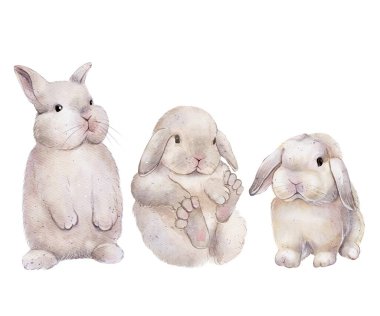 Tombul, tüylü tavşanlar, tavşanlar. Suluboya çizimi. Hayvanlar, narin renkli evcil hayvanlar. Çocuk stili. Çocuk tekstil ürünleri, odalar, çıkartmalar, ambalajlar, kartpostallar için tasarım. Paskalya için Element