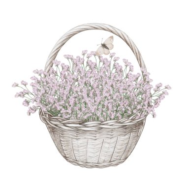 Beyaz, gri boş bir sepet. Mantar, mahsul, sebze, meyve ve çiçek toplamak için yüksek kalite illüstrasyon. Bahçede, çiftlikte kullanılıyor. Paskalya dekoru. Ürün taşımak için.