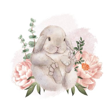 Arka planda çiçekli bir tavşan. Yüksek kaliteli suluboya çizimi. Çocuk odaları, çıkartmalar, duvar kağıtları için bir tasarım olarak kullanılabilir. Tekstil ve sofra eşyaları üzerine yazma için ideal.