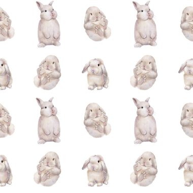 Tombul, tüylü tavşanlar, tavşanlar. Suluboya kusursuz desen. Hayvanlar, narin renkli evcil hayvanlar. Çocuk tarzı. Çocuk tekstil ve odaları, çıkartmalar ve ambalajlar, kartpostallar ve duvar kağıtları için tasarım. 
