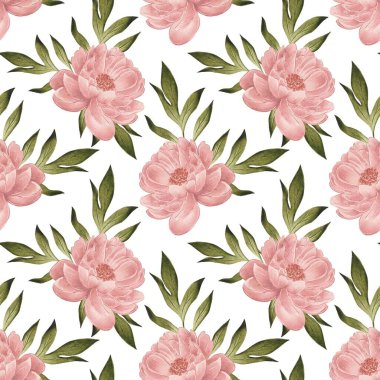 Kusursuz desenli bej, pembe şakayıklar, suluboya çizimler. Hediye paketi ve ürün ambalajı için ideal. Kartpostallar, kartvizitler ve kartvizitler için paket, tekstil, sofra takımı tasarımında kullanılabilir.