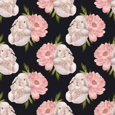 Şakayık çiçekli kusursuz desenli tavşan. Yüksek kaliteli suluboya çizimi. Çocuk odaları, çıkartmalar, duvar kağıtları için bir tasarım olarak kullanılabilir. Paketler, tekstil ve sofra eşyaları için ideal