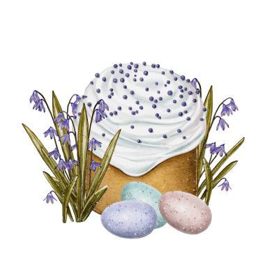 watercolor illustration of traditional Easter cake topped with white icing and sprinkles, surrounded by blooming bluebells and eggs in blue, pink and purple. Easter celebrations. clipart