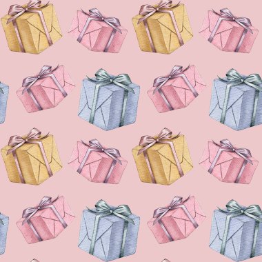 Pembe arka planda kusursuz suluboya hediye kutuları. Yüksek kalite çizim. Mavi, sarı, bej ve pembe hediyeler. Tebrikler, doğum günleri, duvar kâğıdı ve ambalaj için ideal.. 