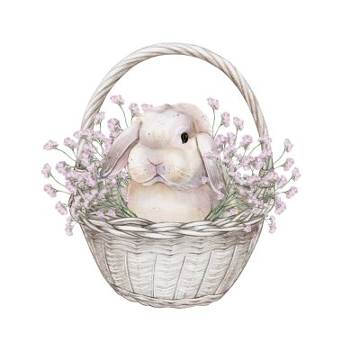 A watercolor illustration of a cute bunny sitting in a wicker basket surrounded by delicate pink flowers, creating a charming and soft springtime or Easter-themed decoration clipart