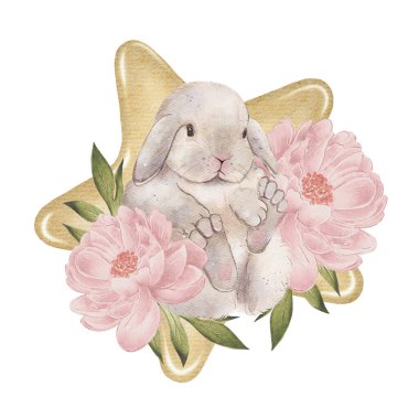  delicate watercolor illustration of bunny with pink peony flowers and a golden star in the background. charming design evokes a sense of warmth and gentleness, perfect for various decorative purposes clipart