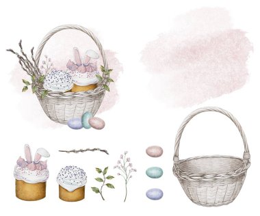 set of watercolor illustration of an Easter basket filled with decorated cakes, a bunny ear topping, willow branches, and colorful eggs, perfect for festive spring decorations. clipart