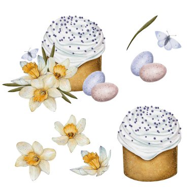 watercolor set of festive Easter cake topped with white frosting and sprinkles with yellow daffodils and Easter eggs. Ideal for Easter-themed designs, greeting cards and festive decorations. clipart