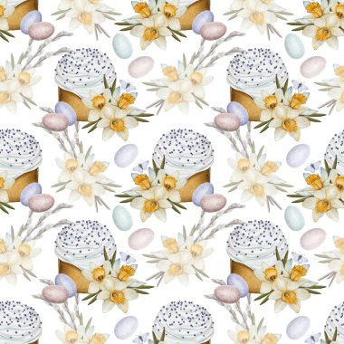 Kusursuz suluboya desenli paskalya pastaları, süslemeli yumurtalar, bahar çiçekleri, nergisler ve söğüt dallarıyla resmedilmiş. Tatil temalı tasarımlar, hediye paketleri ve kumaş baskıları için ideal.