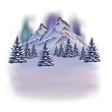 Karla kaplı dağların, köknar ağaçlarının ve kuzey ışıklarının atmosferik dijital çizimi. Kış manzarası serin tonlarda. Kartpostallar, posterler, tekstil, ambalaj ve dekorasyon için elverişli.