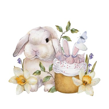 Donmuş kek, tavşan kulağı ve serpiştirilmiş kekin yanında enfes bir tavşan. Etrafı nergisler, yeşillikler ve narin bahar çiçekleriyle çevrili. Paskalya ve baharın neşesini çağrıştırıyor..