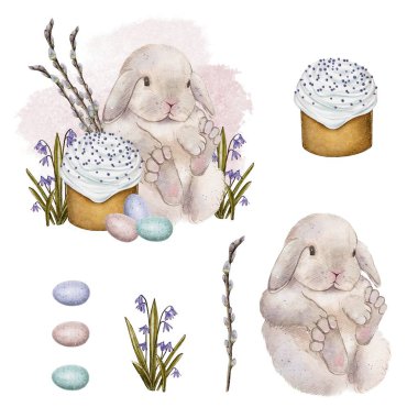 set of Charming bunny sitting beside an Easter cupcake decorated with frosting and sprinkles. Surrounded by colorful eggs, pussy willows, and purple flowers, creating a festive springtime atmosphere. clipart