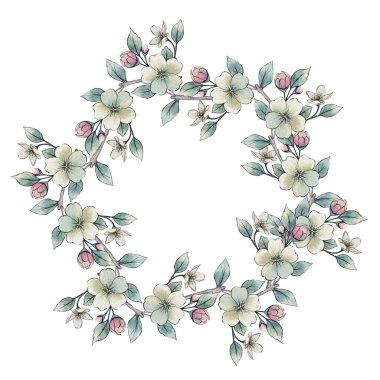 Çiçek açan bahar dallarının suluboya çelenkleri. Kart tasarımı, düğün davetiyeleri, ambalaj ve dekoratif öğeler için uygundur.