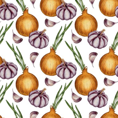Beyaz arka planda soğanlı, sarımsaklı ve otlu suluboya desenli. Paketleme, tekstil, mutfak, gastronomi ve restoran tasarımı için ideal.