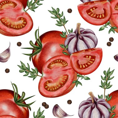 Sulu domatesler, sarımsak ve bitkilerle sulu boya deseni. Paketleme, tekstil, arka plan, duvar kağıtları, menüler ve gastronomik tasarım için mükemmel..