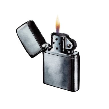 Açık kapaklı metal benzin çakmağı ve beyaz arka planda yanan alevin gerçekçi suluboya çizimi.