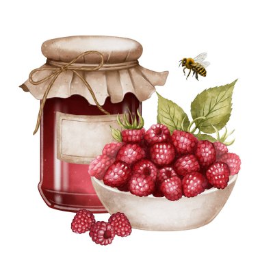 ahududu reçel kavanozu ile rustik kase taze böğürtlen, kaşık ve arı, suluboya illüstrasyon, yemek kitabı, menü ve doğal ürün koruma tasarımı için organik meyvelerin Hommade tatlısı